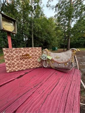 Coach Beige Signature Mini Shoulder Bag with Gold Accents
